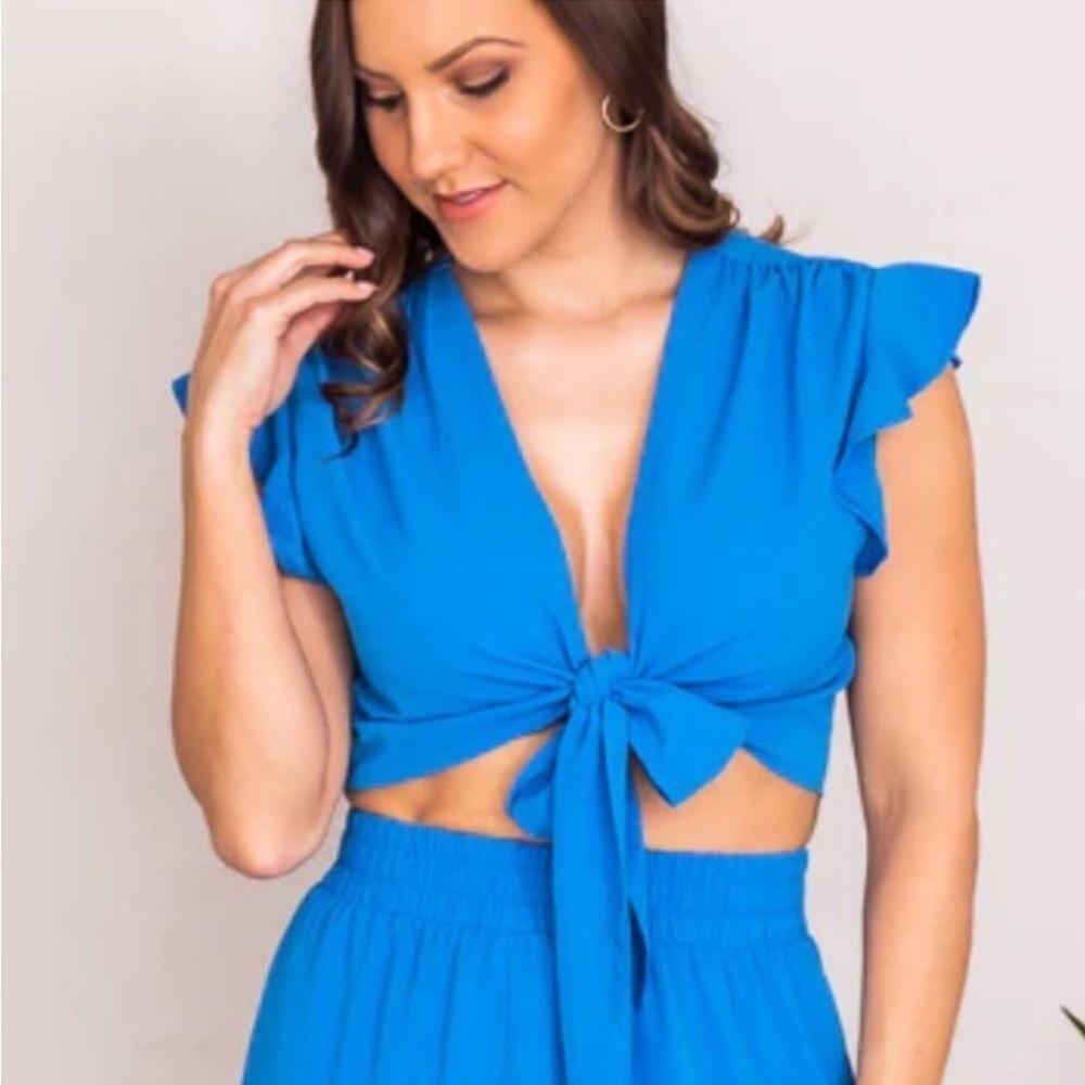 Say You Will Blue Tie Front Cropped Blouse and maxi skirt set